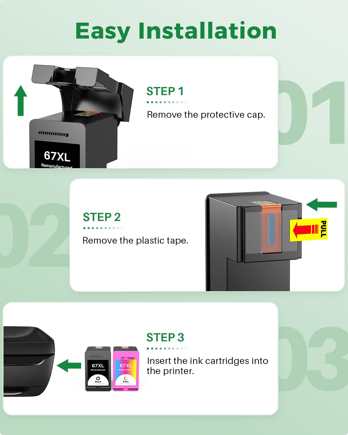[2-Pack] 67XL Ink Cartridge Combo Pack Black Color Compatible Replacement for HP 67 XL 67XXL Use with Deskjet 2755e 2700 4155e 2855e Envy 6455e 6055e Printer (Black and Tri-Color)