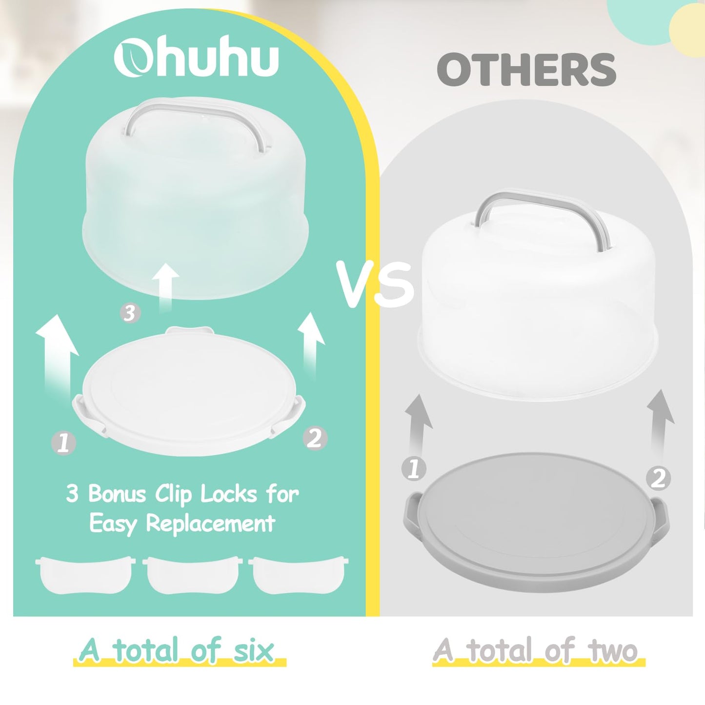 Ohuhu Cake Carrier with Handle, Portable Round Cake Box for 10 Inch Cake, Cake Storage Container with Cover Two Sided Base for Pies Nuts Fruit, Safe Storage & Transport, Great Gift Choice