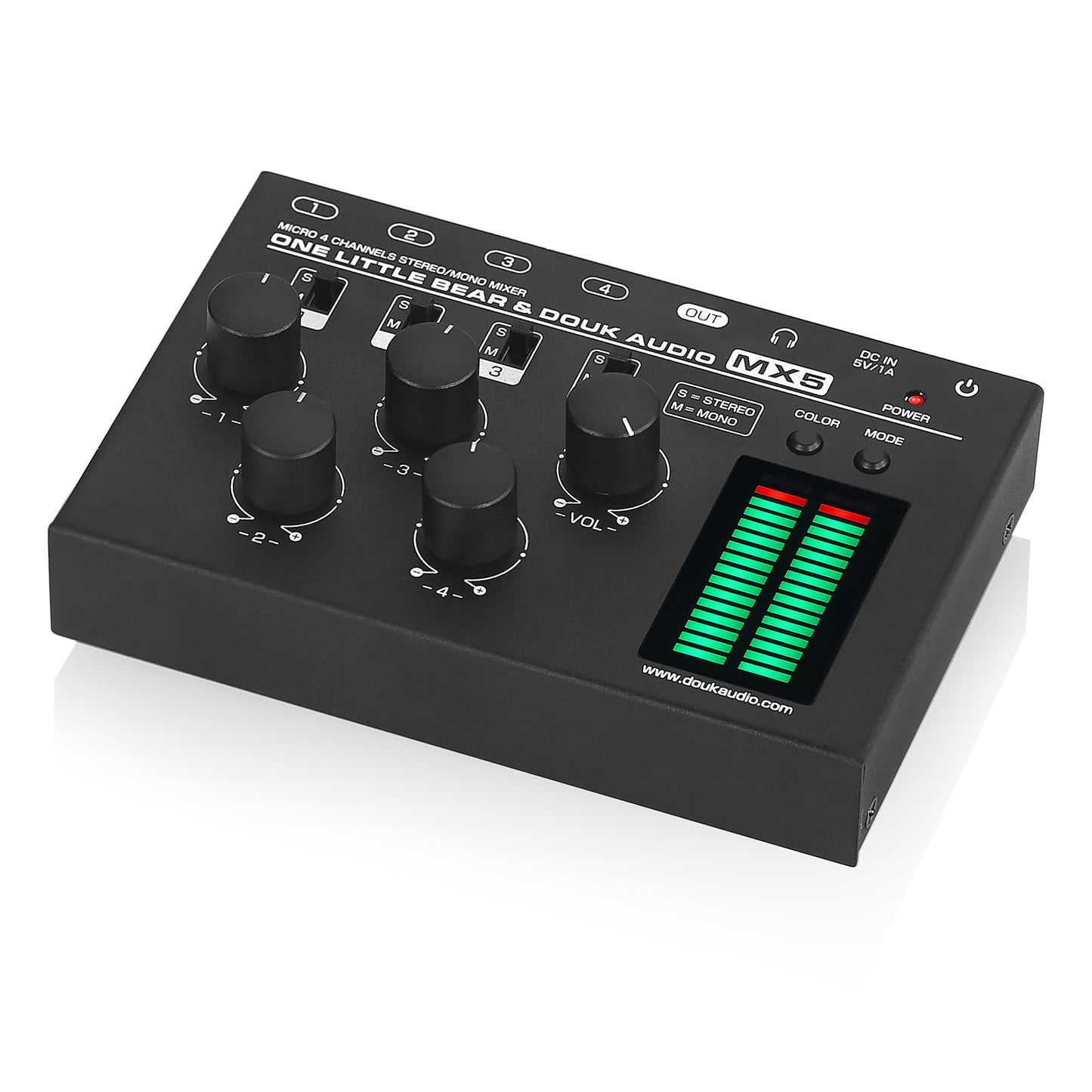 Douk Audio MX5 4 Channel Audio Mixer 4-CH Line-Mixing Mono Stereo Ultra Low-Noise LED Level Meter