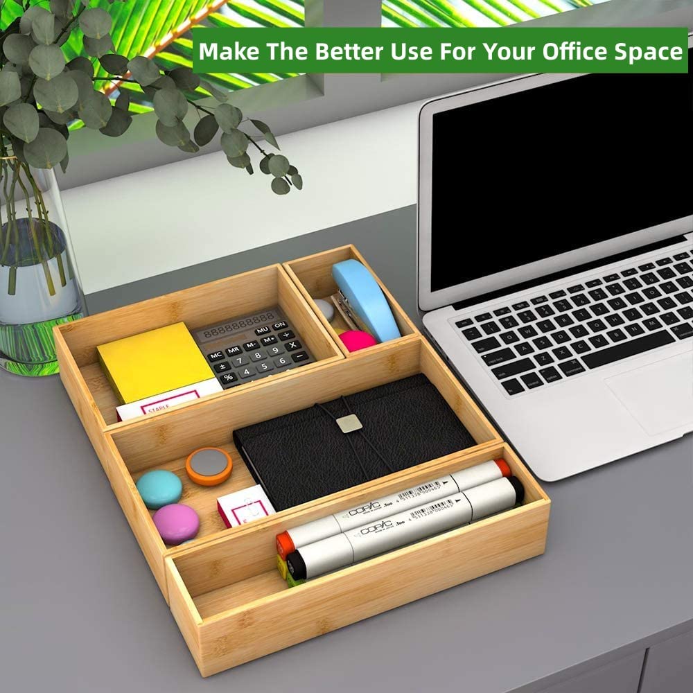 ROLiGHTiC 8 Pcs Bamboo Drawer Organizer Utensil Tray Kitchen Storage Box 4-Size Multi-Use Dividers Cutlery Holders Bins Containers for Kitchen, Bathroom, Office Desk, Makeup, Jewelry, Dresser, Pantry