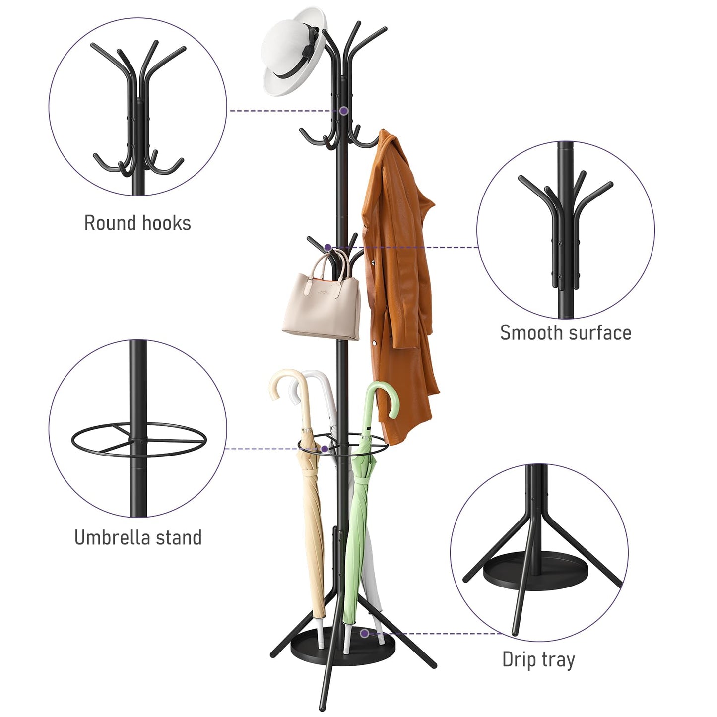 Wieghda Metal Coat Rack with Umbrella Holder,Coat hanger Freestanding,Entryway Hanger Stand,Hall Tree With 12 Hooks,Black