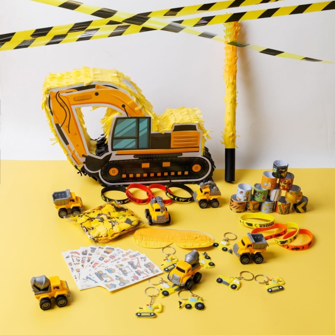 Construction Pinata Party Favors Construction Birthday Party Decorations for Boys Excavator Pinata Truck Party Supplies with Stickers Slap Bracelets Keychains Silicone Bands Mini Trucks (Construction)
