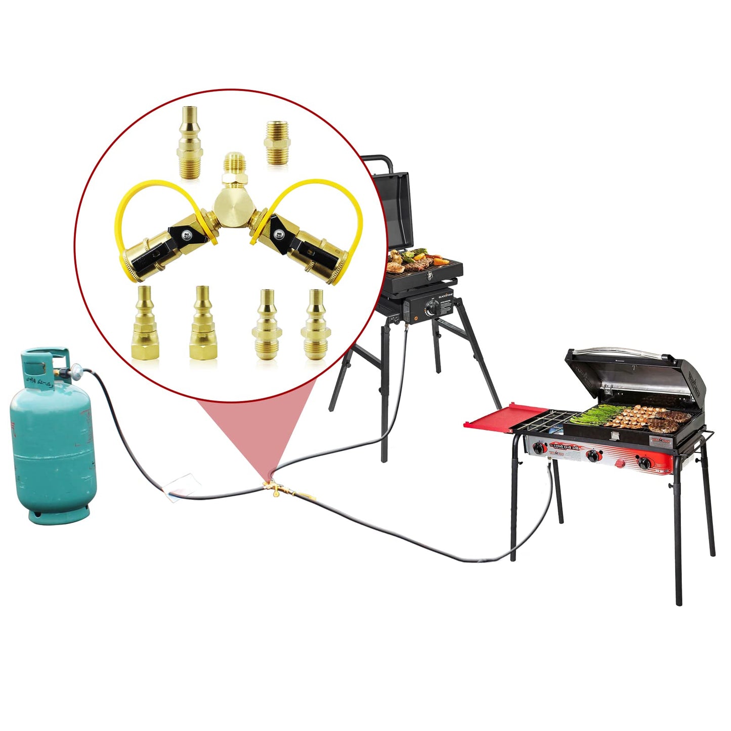 MCAMPAS 1/4" Propane Y Splitter Adapter Kit - 2-Way RV to Grill Quick Connect/Disconnect LP Gas Hose Fitting for Campers, Trailers & Outdoor Cooking Appliances
