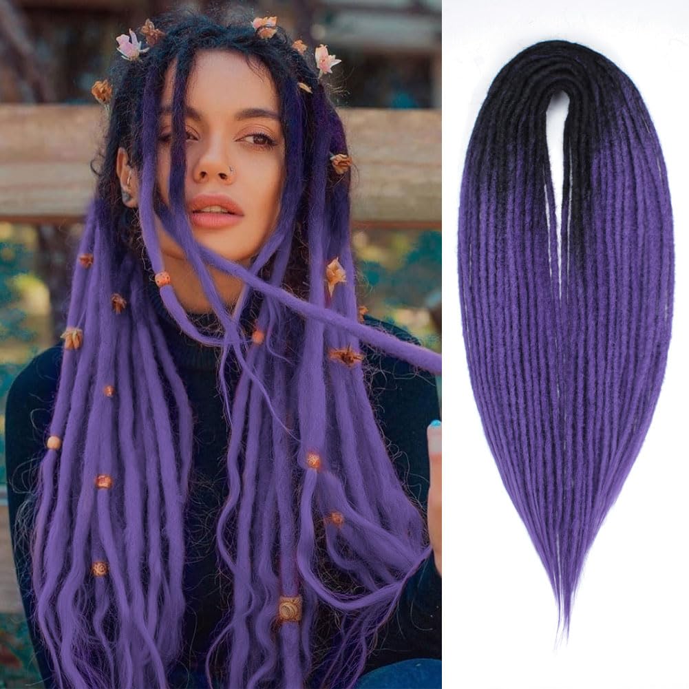 24" Double Ended Dreadlock Extensions,Natural Black To Deep Purple,100% Handmade Thin 0.6cm Synthetic Dreads Extensions(24 Inch(20 Strands), 1B/Deep Purple)