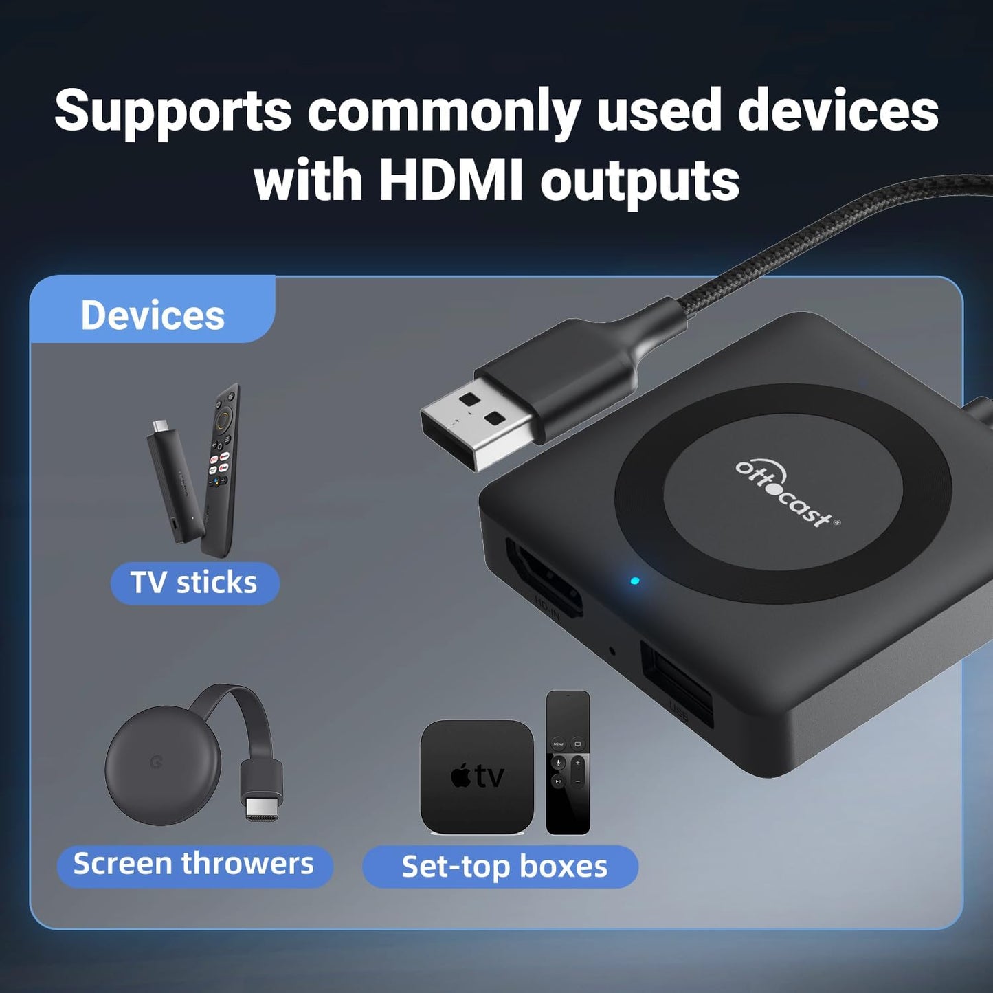 OTTOCAST Car TV Mate Pro Wireless CarPlay Adapter - Compatible with Fire TV Stick Converter for Car - Compatible with Set Top Box, Switch - HDMI to USB Converter for OEM CarPlay Cars