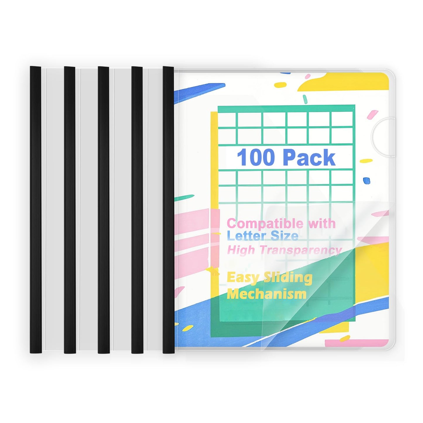 TOTiyea 100 Pack Clear Report Covers with Sliding Bars, Letter Size, 5mm (25 Sheet Capacity) Black Sliding Bar File Folders, 5.5mil Plastic Report Covers