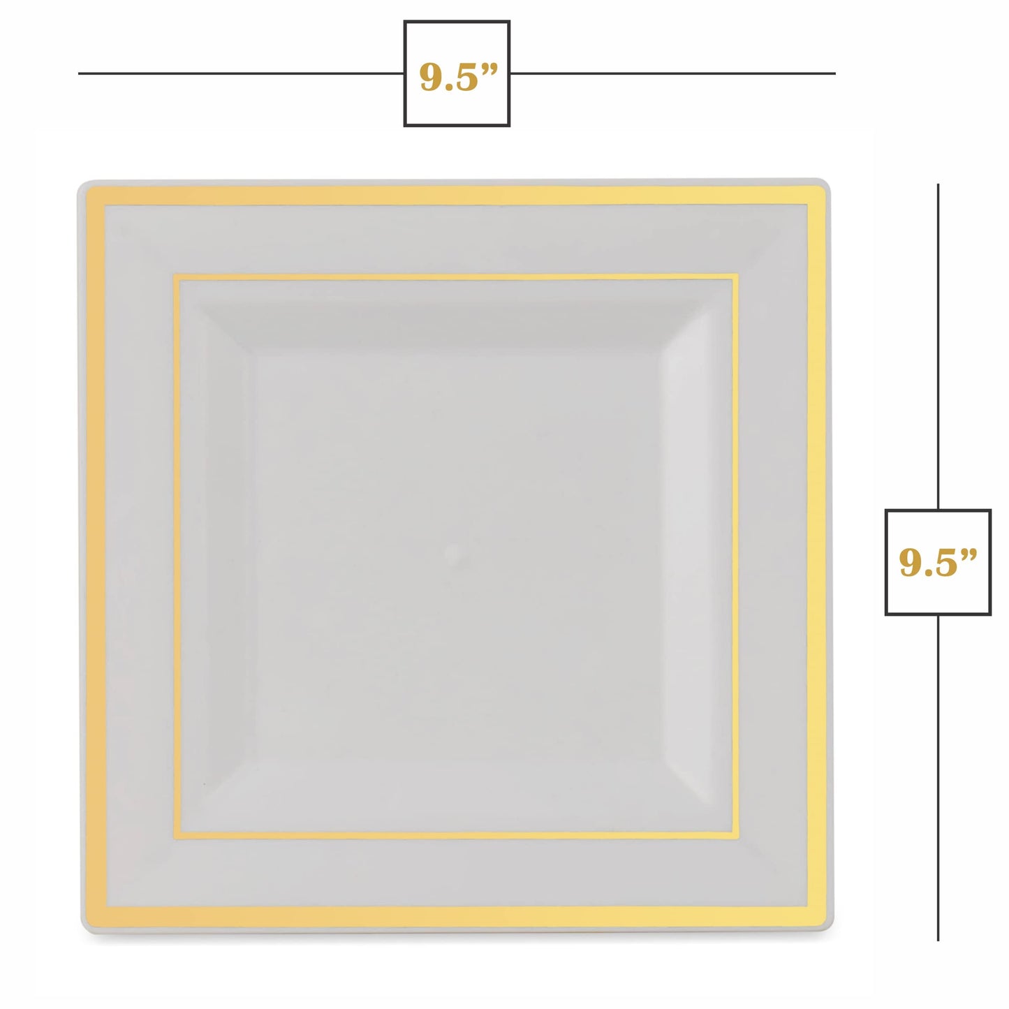 BloominGoods Plastic Disposable Square Dinner Plates | 50-Pack 9.5 inches White with Gold Rim Square Plates | Ideal for Weddings, Parties, & Catering | Heavy Duty & Non Toxic