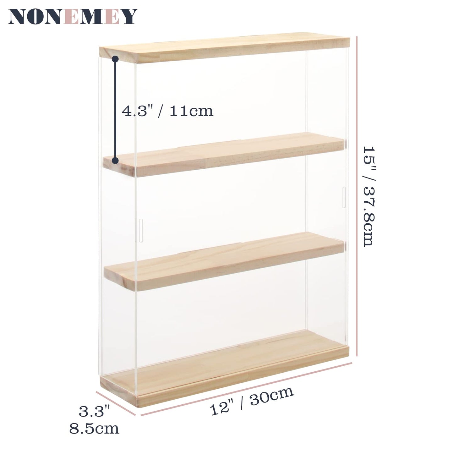 NONEMEY Clear Acrylic Display Case Stand with Wood Base 2 Tier、3 Tier、12/24 Compartments Storage Box Wall Mount Showcase Dustproof Organizer Box for Collectibles