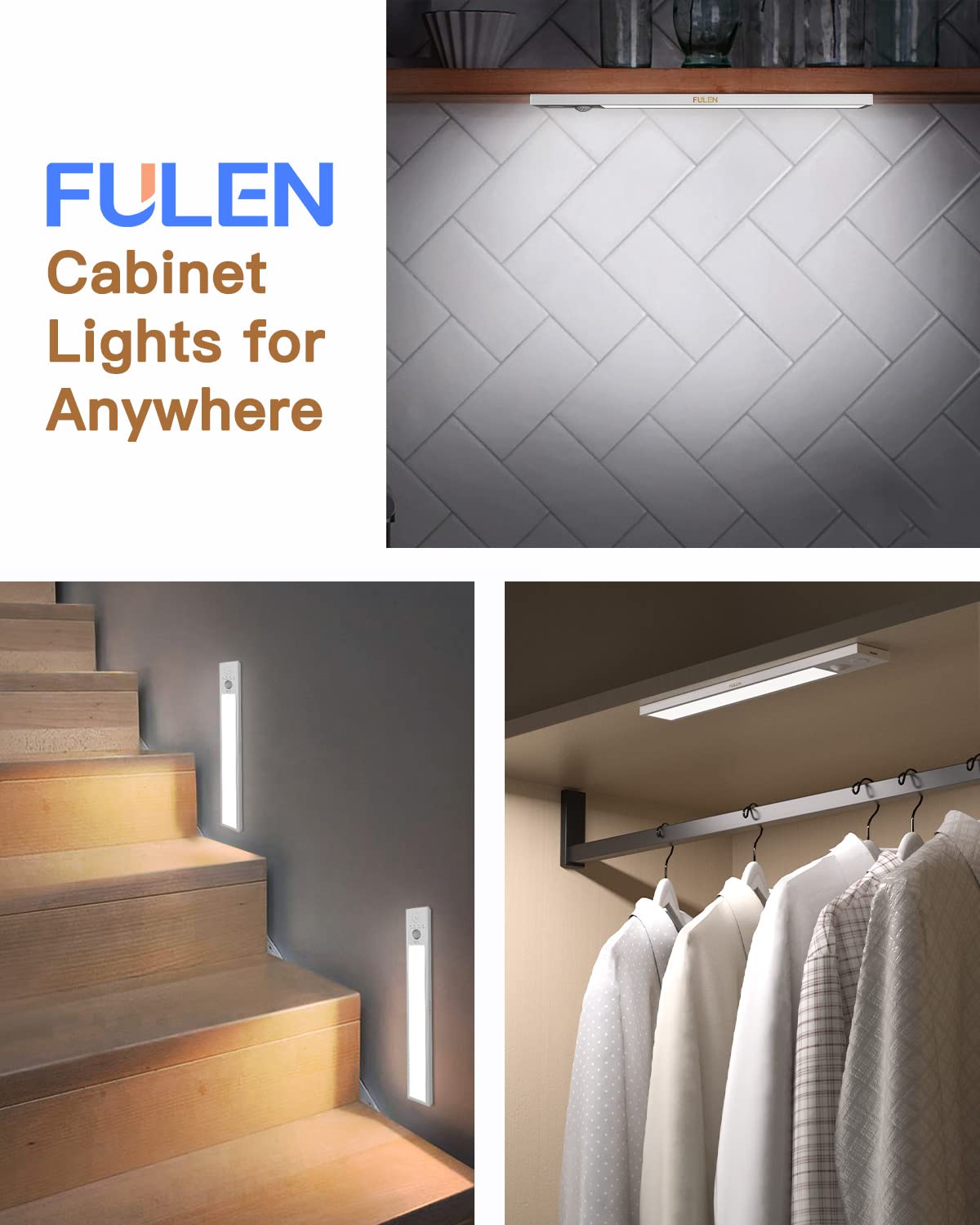 FULEN Under Cabinet Lights,3 Pack Motion Sensor Closet Lights,2500mAh Rechargeable Battery Operated Cabinet Lighting,Stick-On LED Closet Light,Wireless Indoor Lights Bar for Kitchen,Closets,Cabinet