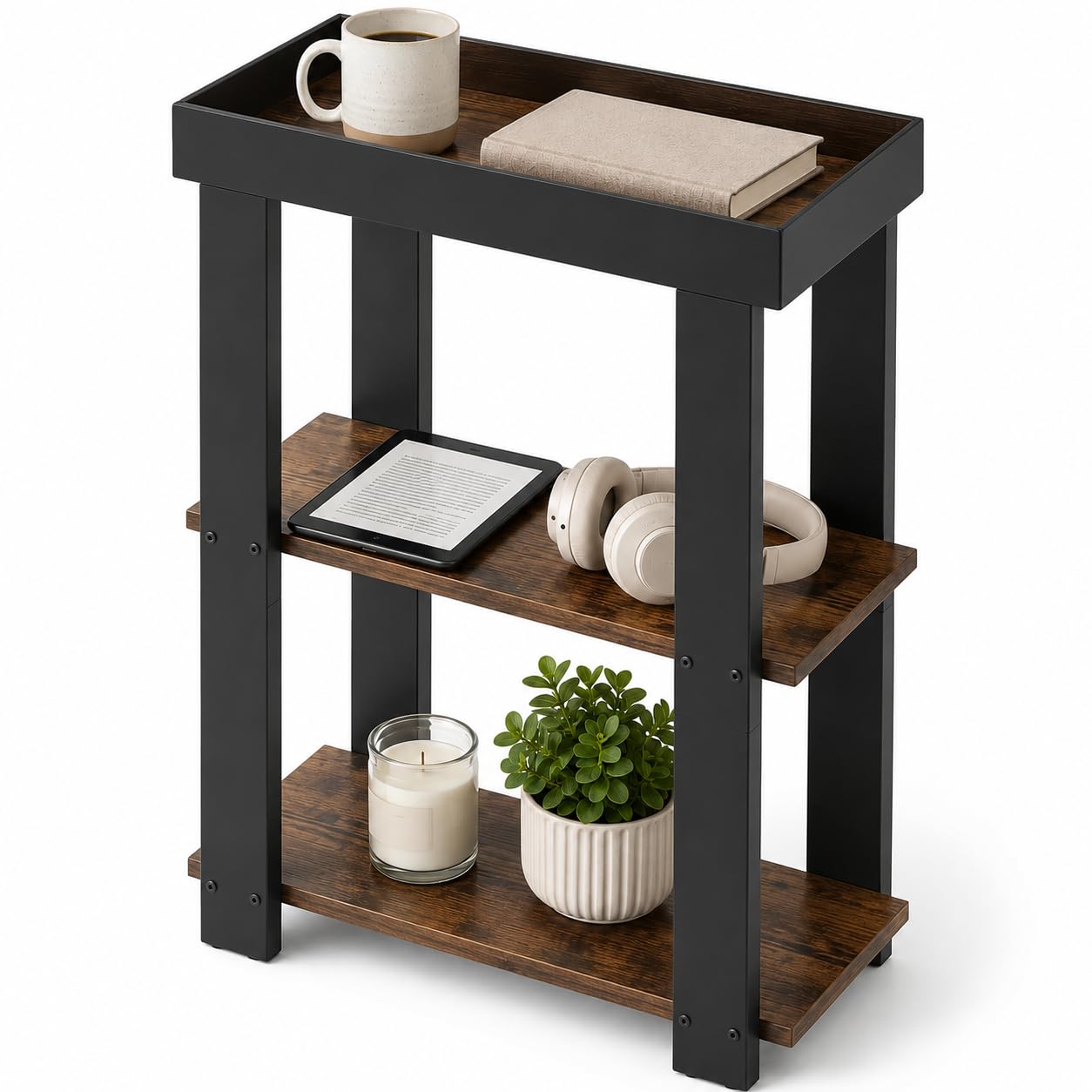 ZEXVIDA Narrow Side Table, 3-Tier Side Table, Rustic Farmhouse Narrow End Table with Storage, Slim Table Nightstand for Small Spaces, Bedroom or Living Room (Rustic Brown)
