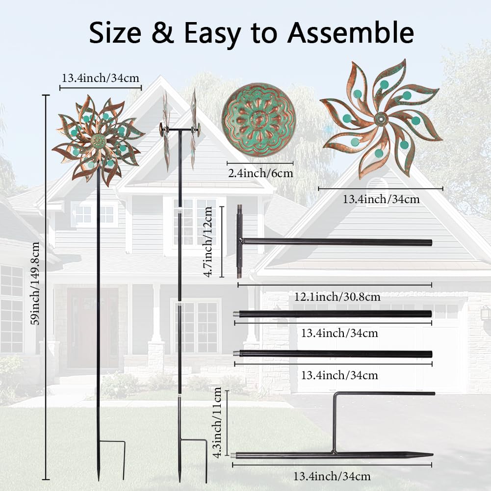 Viveta Metal Wind Spinners Outdoor,Vintage Kinetic Wind Spinner Garden Pinwheels with Metal Stake for Patio,Lawn,Garden,59 * 13.4 Inch