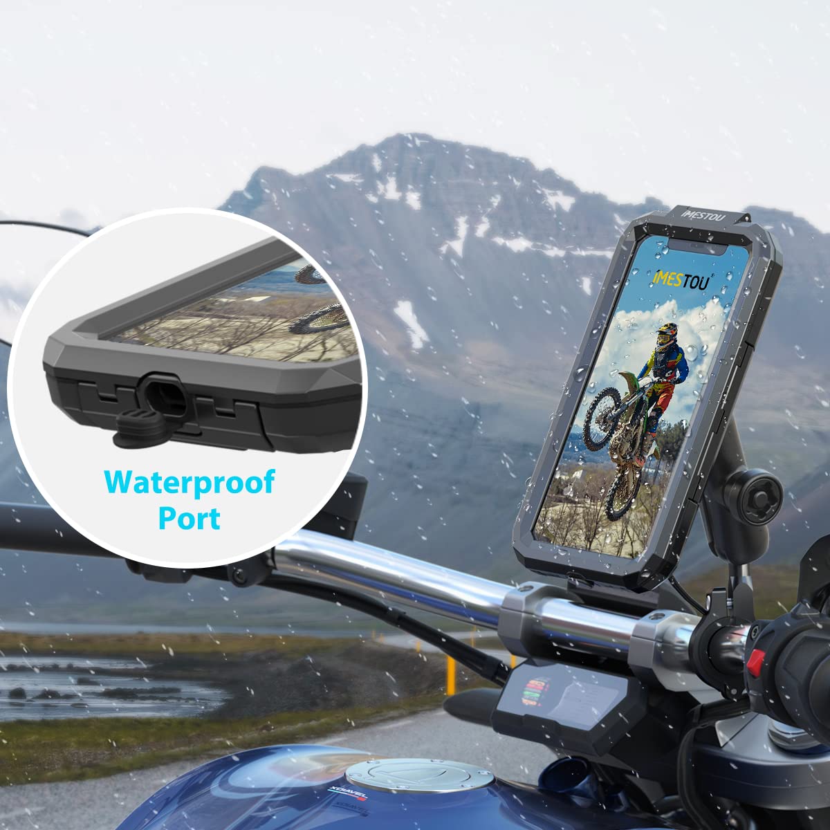 Anti-Theft Waterproof Motorcycle Phone Holder-iMESTOU Bike Phone Mount 1" Ball Handlebar Stem Mobile Holder with Double Socket Arms 720° Rotation Aluminium Base for 5.5"-6.8" Cellphones (L)