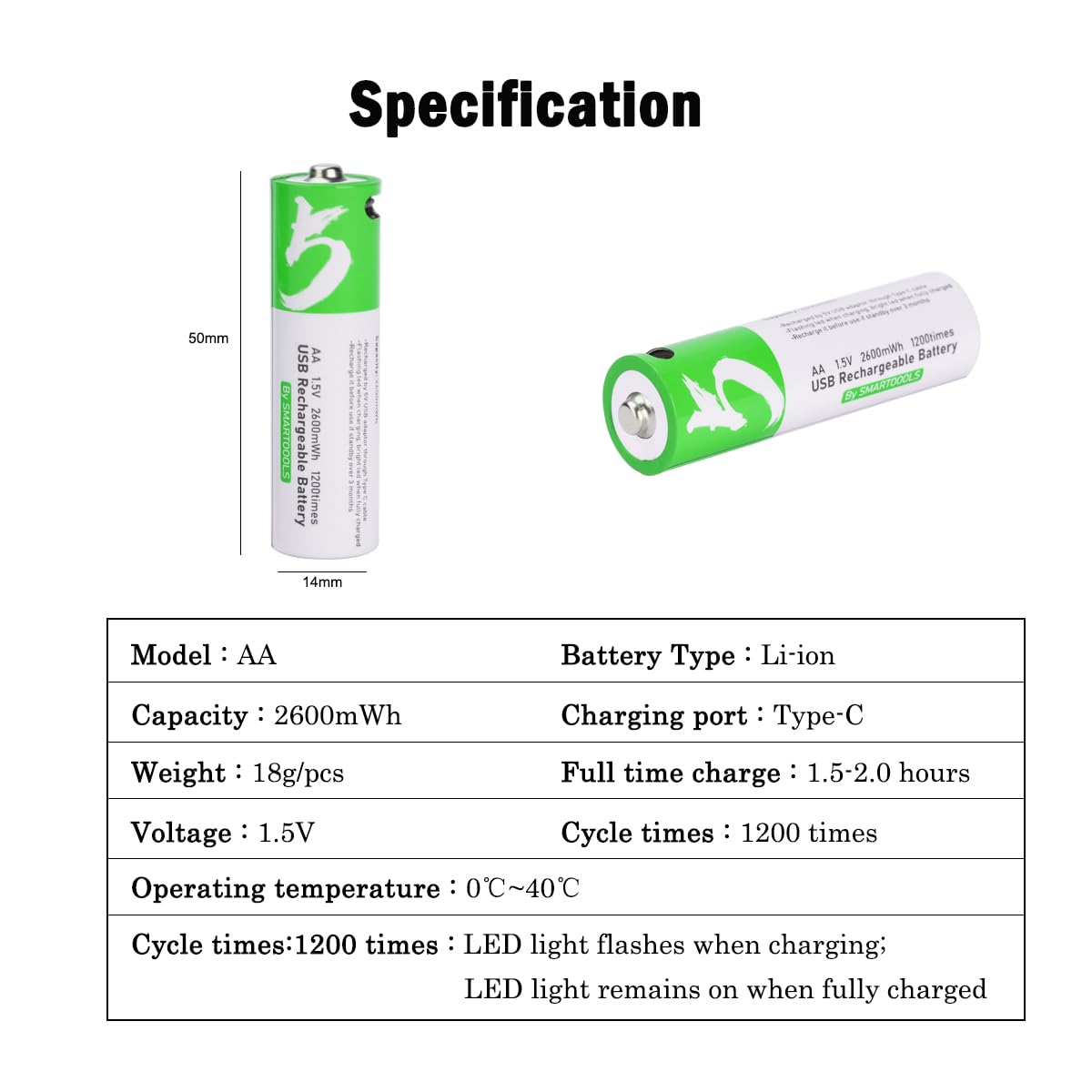 USB AA Lithium-ion Rechargeable Batteries, 1.5V 2600mWh Capacity, Fast 1.5h Charging, 1200 Cycle Life, Type-C Cable Included, 8-Pack