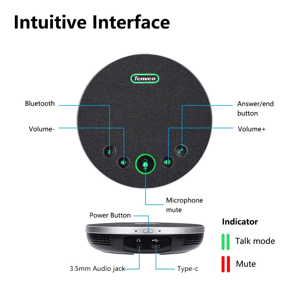 Tenveo Conference Speaker with Microphone, Bluetooth/Wireless/USB omnidirectional Speakerphone Noise Cancelling Conference Call 360° Pickup for OBS Zoom MicroTeams for 10~12 People Online Meeting