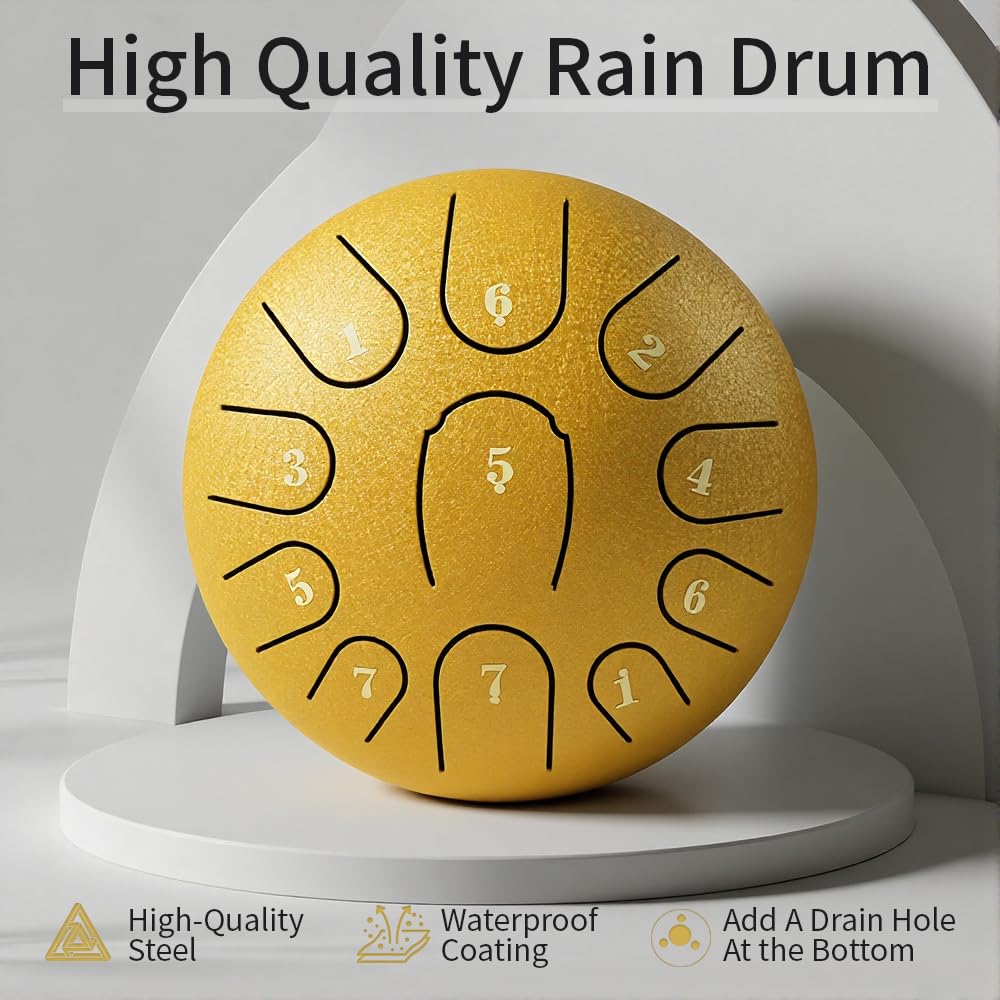 Rain Drum for Outside Garden,Steel Tongue Drum 6 Inche 8 Note Steel Drums Rain Chime,with Soft Bag,Music Book (Yellow, 6 Inch 11 Note)