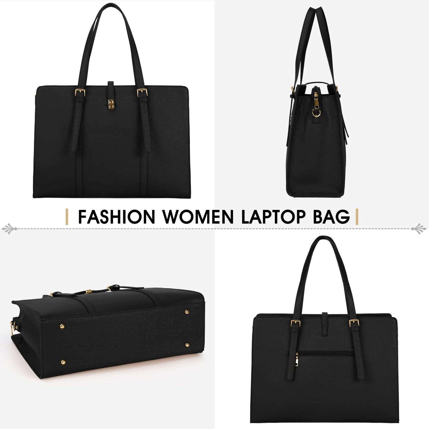 Laptop Bag for Women 15.6 Inch Leather Laptop Tote Bag Waterproof Work Shoulder Bag Lightweight Computer Tote Bag Professional Women Business Office Bag Large Travel Handbag Black