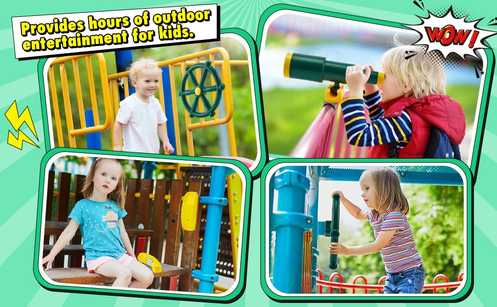 3 Pcs Playground Accessories for Kids,Swingset Attachments with Pirate Ship Wheel, Toy Telescope and Telephone Outdoor Swing Set Accessories (3 Green)
