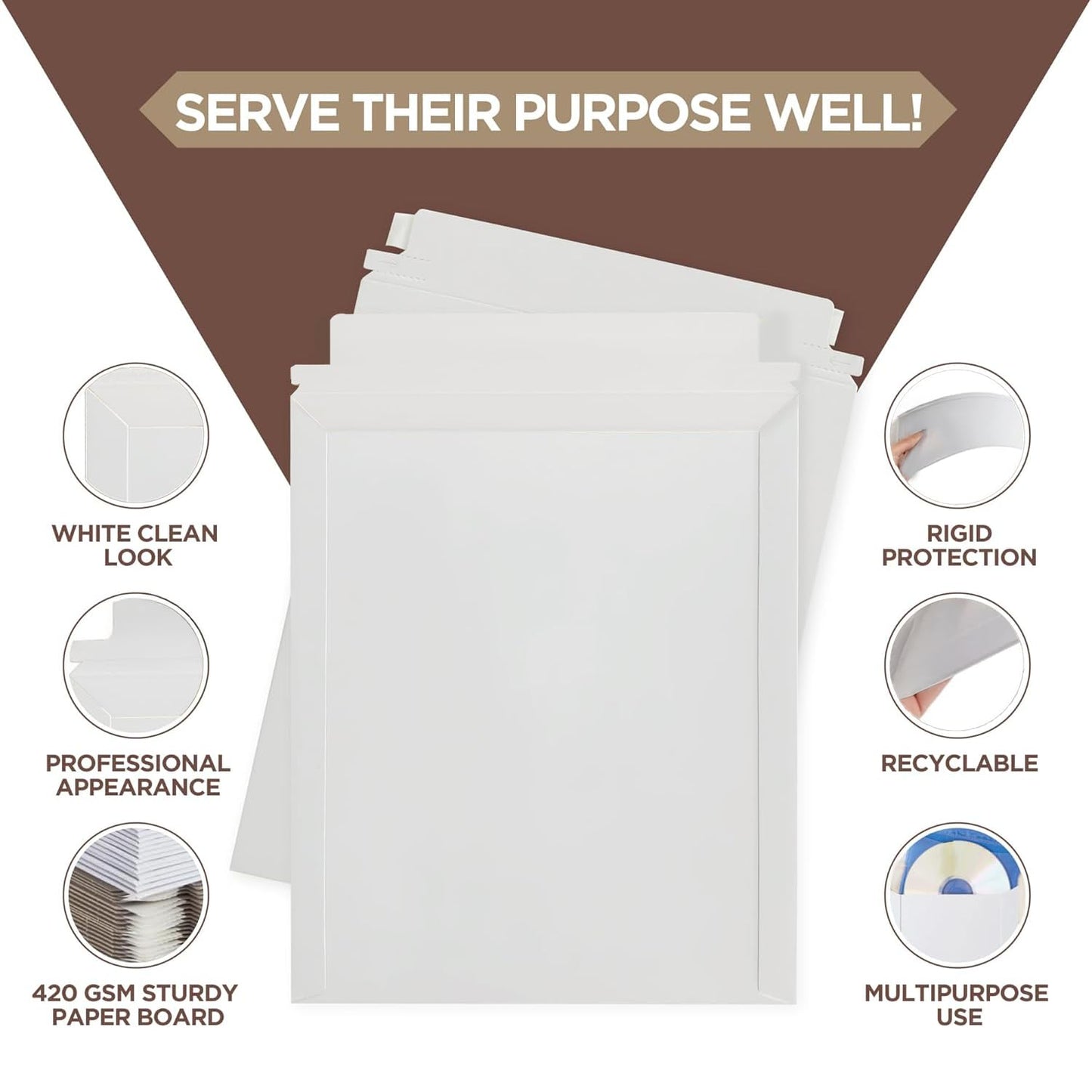 100 Pack 9.x11.5 Inches Rigid Mailers – Self Adhesive White Cardboard Envelopes – Used as Mailing Supplies for Documents, Photos, CDs, Magazines, and Literature