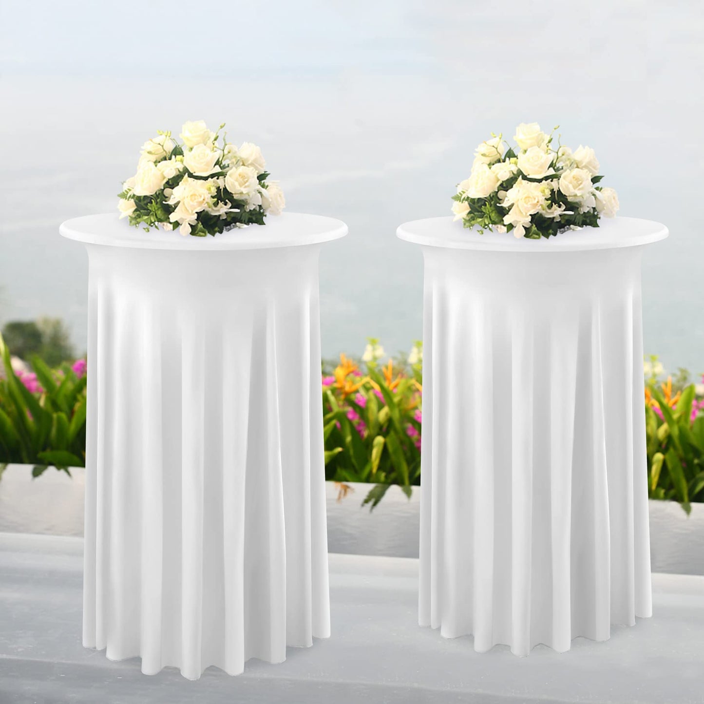 6 Pack 32×43 Inch White Spandex Coctail Table Cloth,Wrinkle Free Stretch Cocktail Table Covers with Wavy Skirt, High Top Highboy Bar Round Cocktail Tablecloths for Party Birthday Wedding Banquet