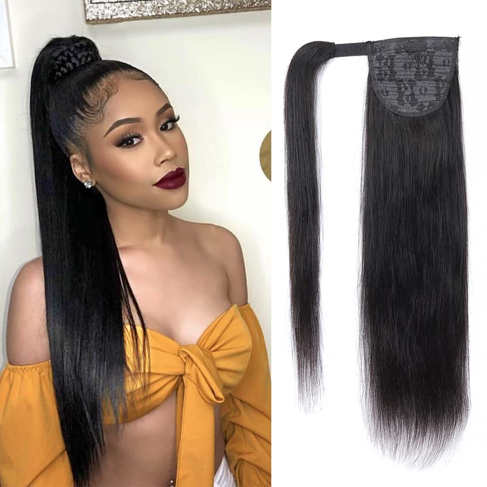 Alisfeel Wrap Around Ponytail Human Hair Extensions 10A Brazilian Straight Ponytail for Black Women Unprocessed Remy Human Hair Pony Tail with Magic Paste Clip In Extension Hairpiece 110g (22 Inch)