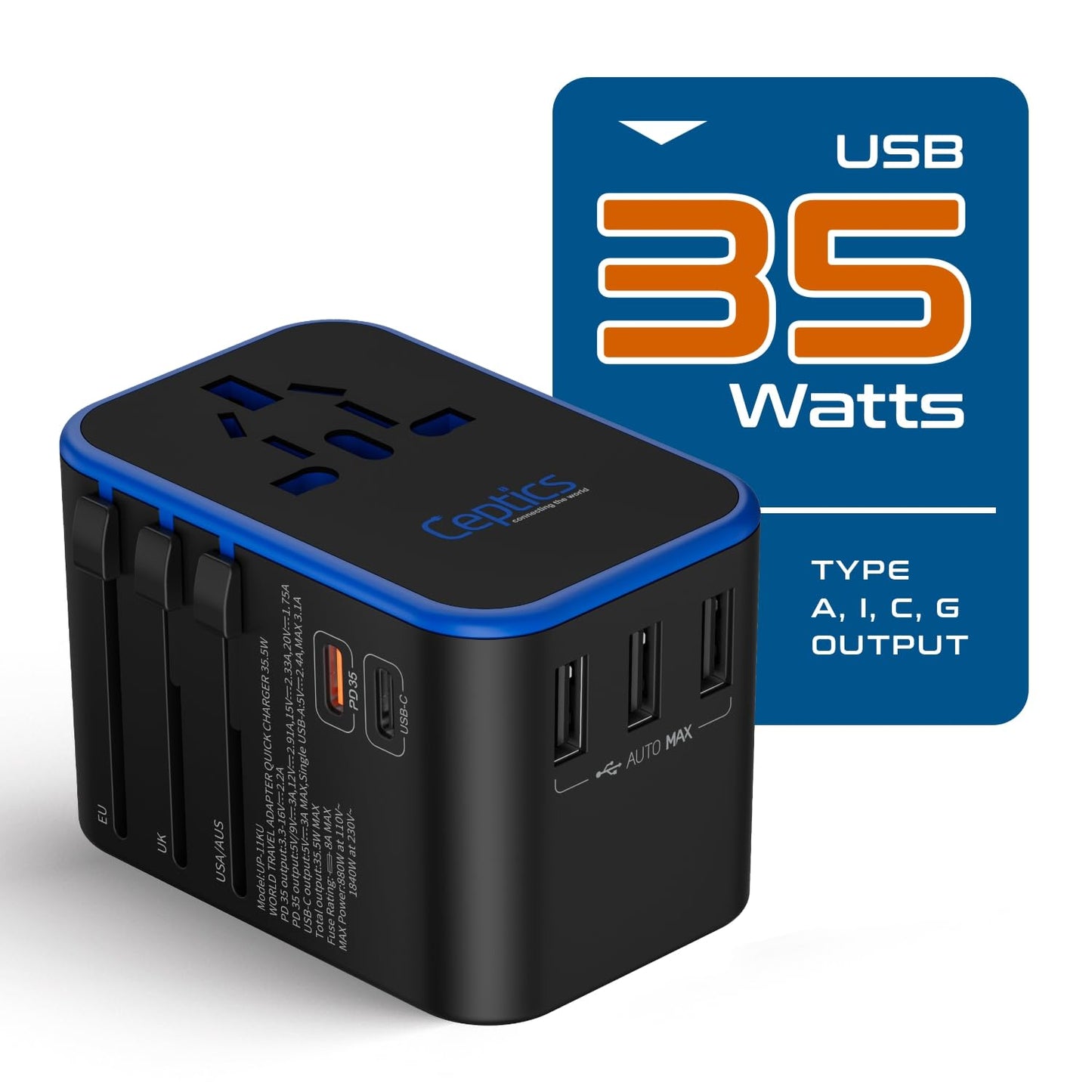 Ceptics World International Travel Plug Adapter - Powerful 35W with Pd & QC 3.0 Dual USB-C Power - 3 USB Ports Wall Charger Type I C G A Outlets 110V 220V A/C - EU Euro US UK