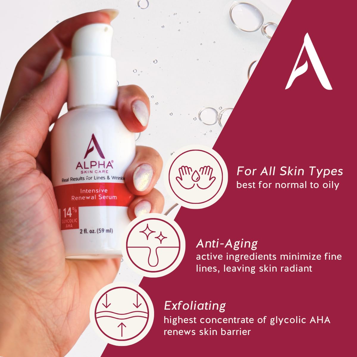 Alpha Skin Care Renewal Serum, 14% Glycolic AHA, Rejuvenating & Smoothing, Exfoliates, Hydrates, Evens Skin Tone, 3 Pack