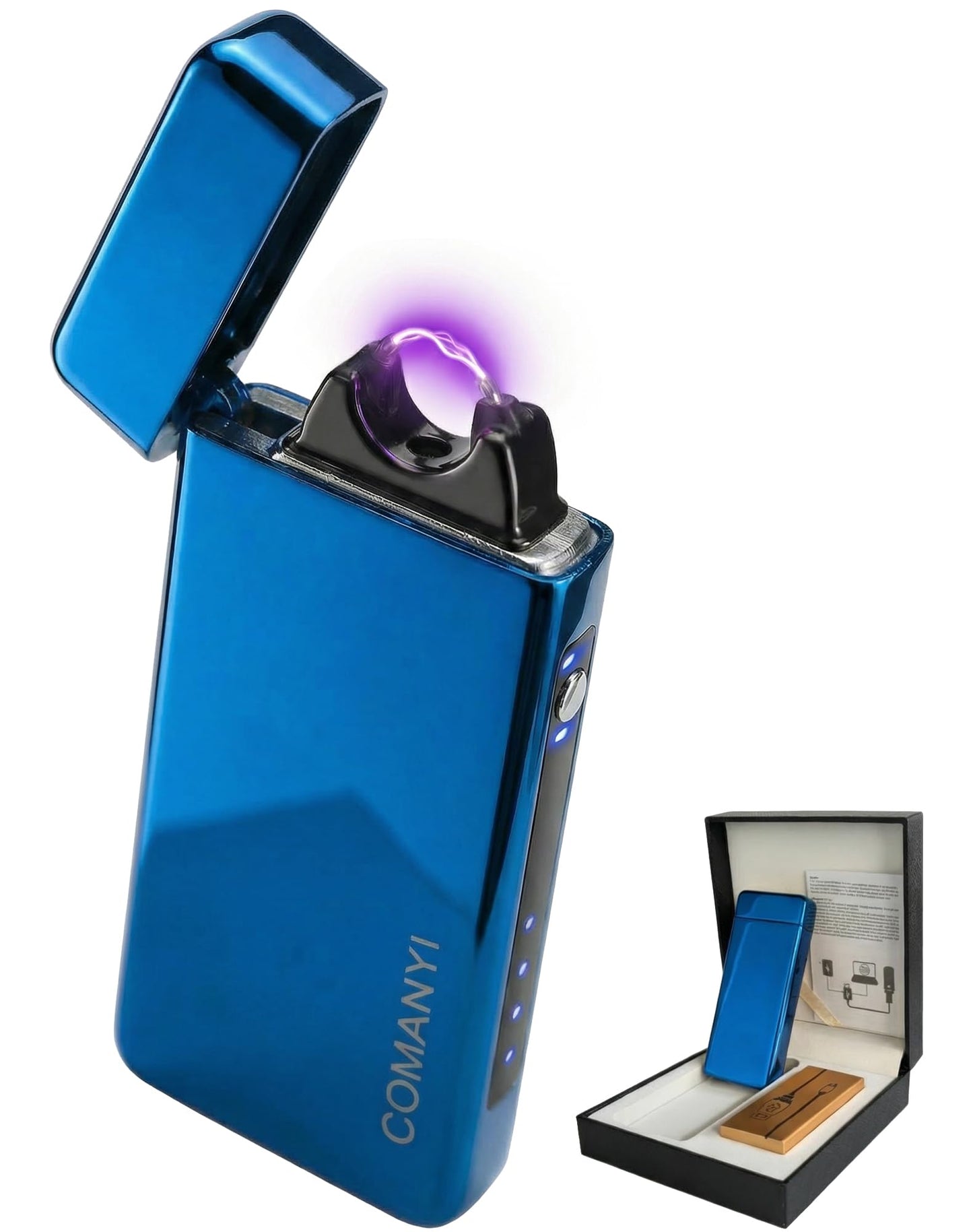 COMANYI Electric Lighter USB Rechargeable Plasma Lighter, with Windproof High Power Arc Mirror-Polished Metal Ice Touch Surface, with Gift Box, for Outdoor Travel Grill BBQ Candle (Blue)