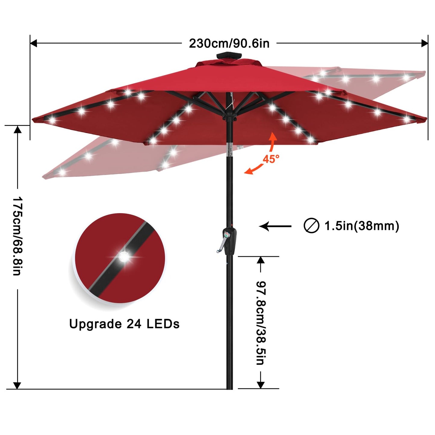 ABCCANOPY Durable Solar Led Patio Umbrellas with 24LED Lights 7.5FT with 6 Sturdy Ribs(Burgundy)
