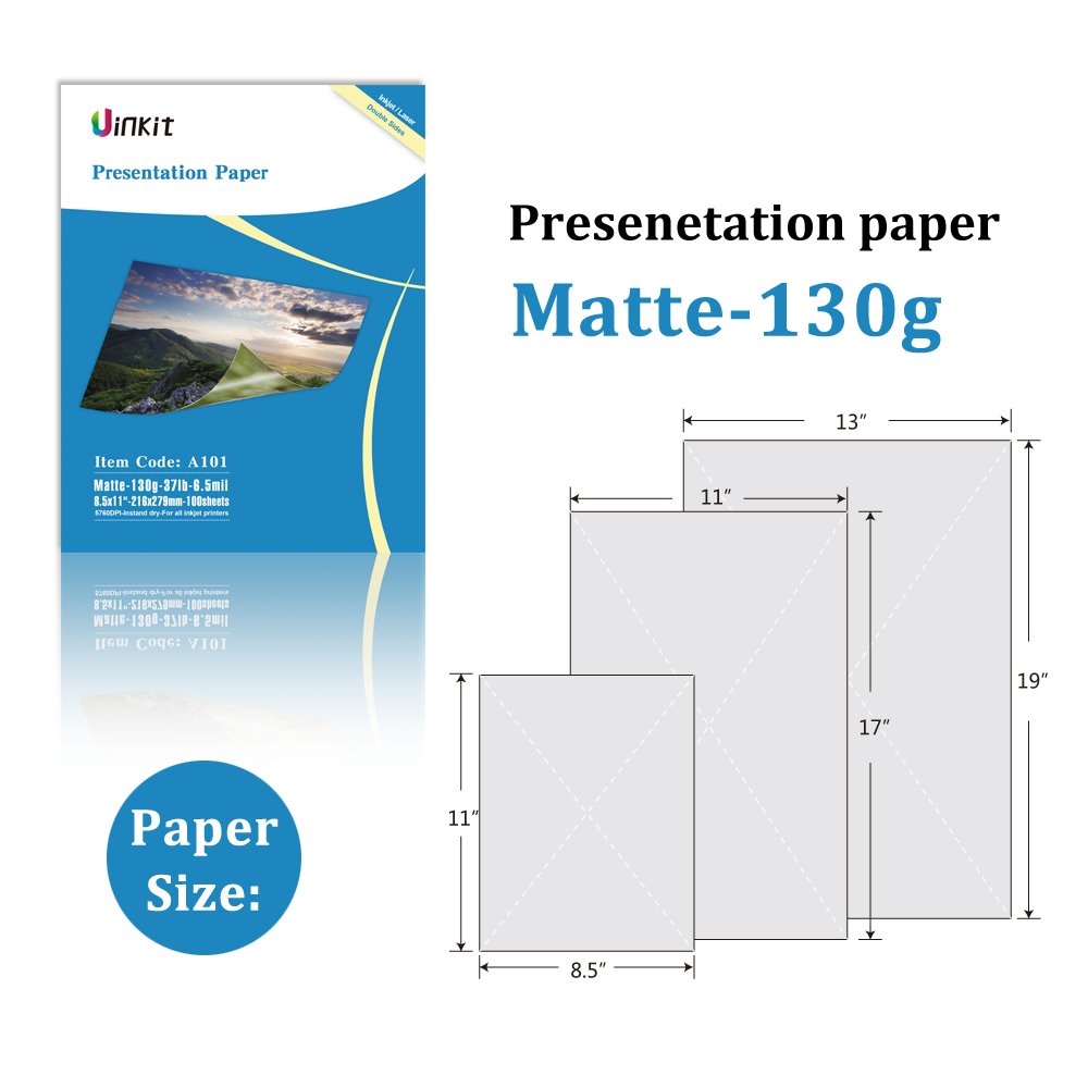 Uinkit Thin Presentation Pape Matte Double Sided 100 Sheets 11x17 130Gsm 6.5 Mil A3 Size for Dye Inkjet Printer A103