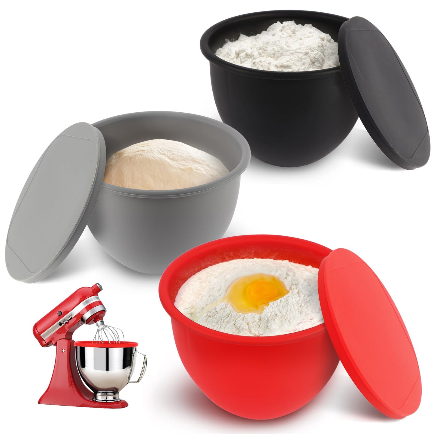 5QT Silicone Mixing Bowls with Lids (3 pack) Compatible with 5QT KitchenAid Mixer, Shatterproof, leak-proof design, Non-slip base, Easy-to-clean food storage bowls, Food-grade silicone
