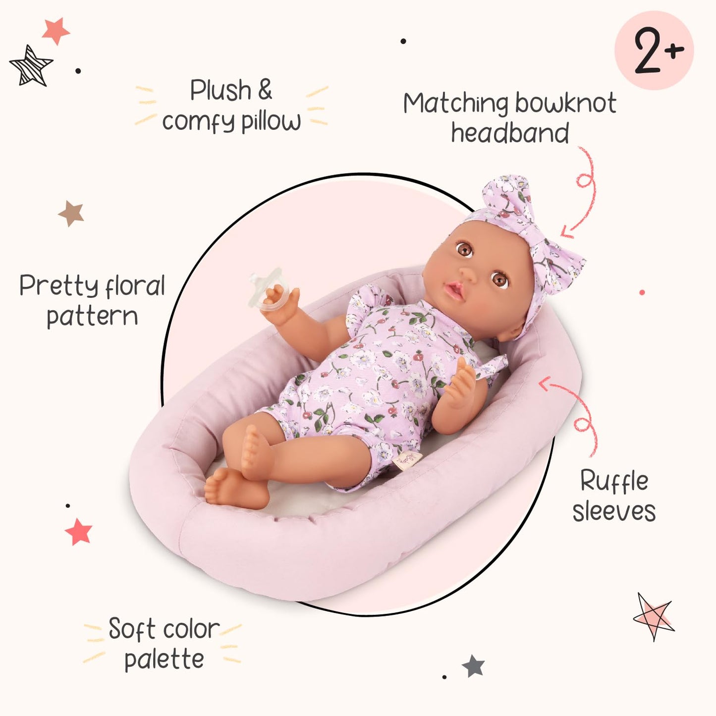 LullaBaby – 14-Inch Realistic Baby Doll – Brown Eyes & Soft Body – Clothing Floral Sleeper, Headband & Pacifier – Plush Bassinet Bed – Pretend Play 2+ Years – Floor Pillow Set