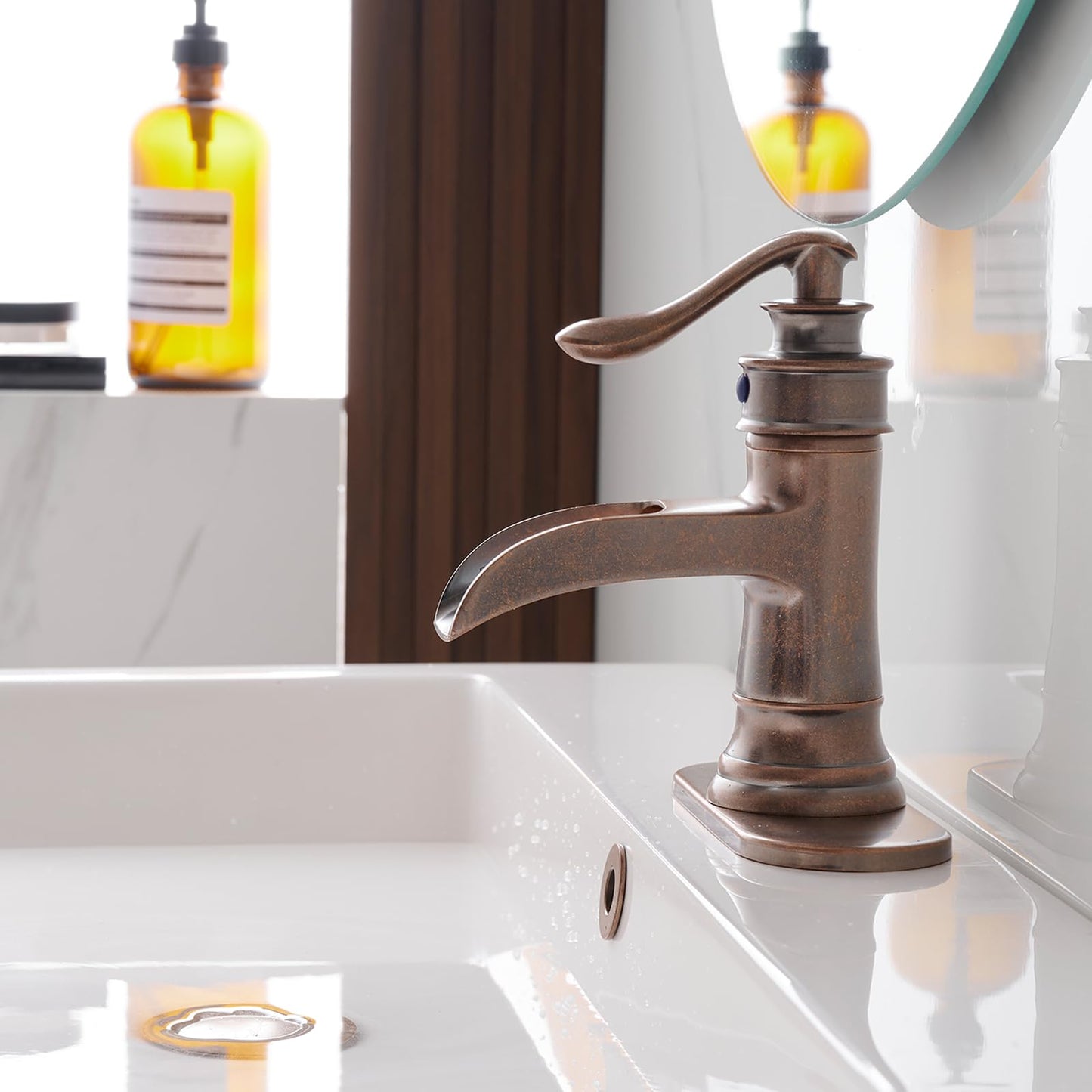 Bathroom Sink Faucet Waterfall Bath Faucets & Parts with Pop Up Drain Stopper Copper Farmhouse Antique Vanity Single Handle Single Hole Commercial Rustic Supply Lines Hose by Bathfinesse