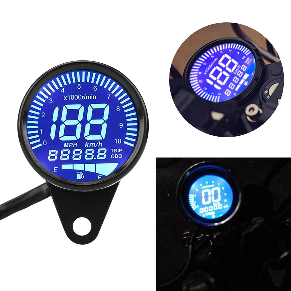 Universal Motorcycle Digital Speedometer Gauge, 12V DC with LED Backlight Tachometer Oil Level and Voltmeter Display, Black Housing