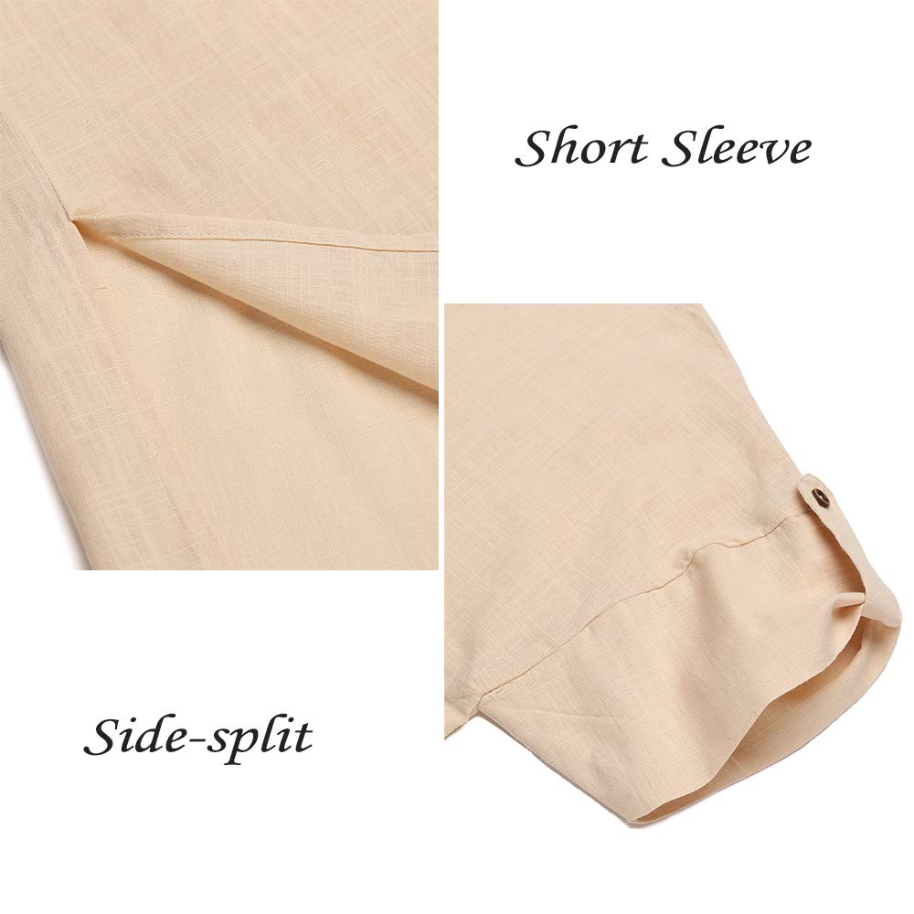 COOFANDY Men's V-Neck Linen Robe Short Sleeve Kaftan Thobe Long Gown Casual Shirt for Beach, Summer, Light Khaki, 3X-Large