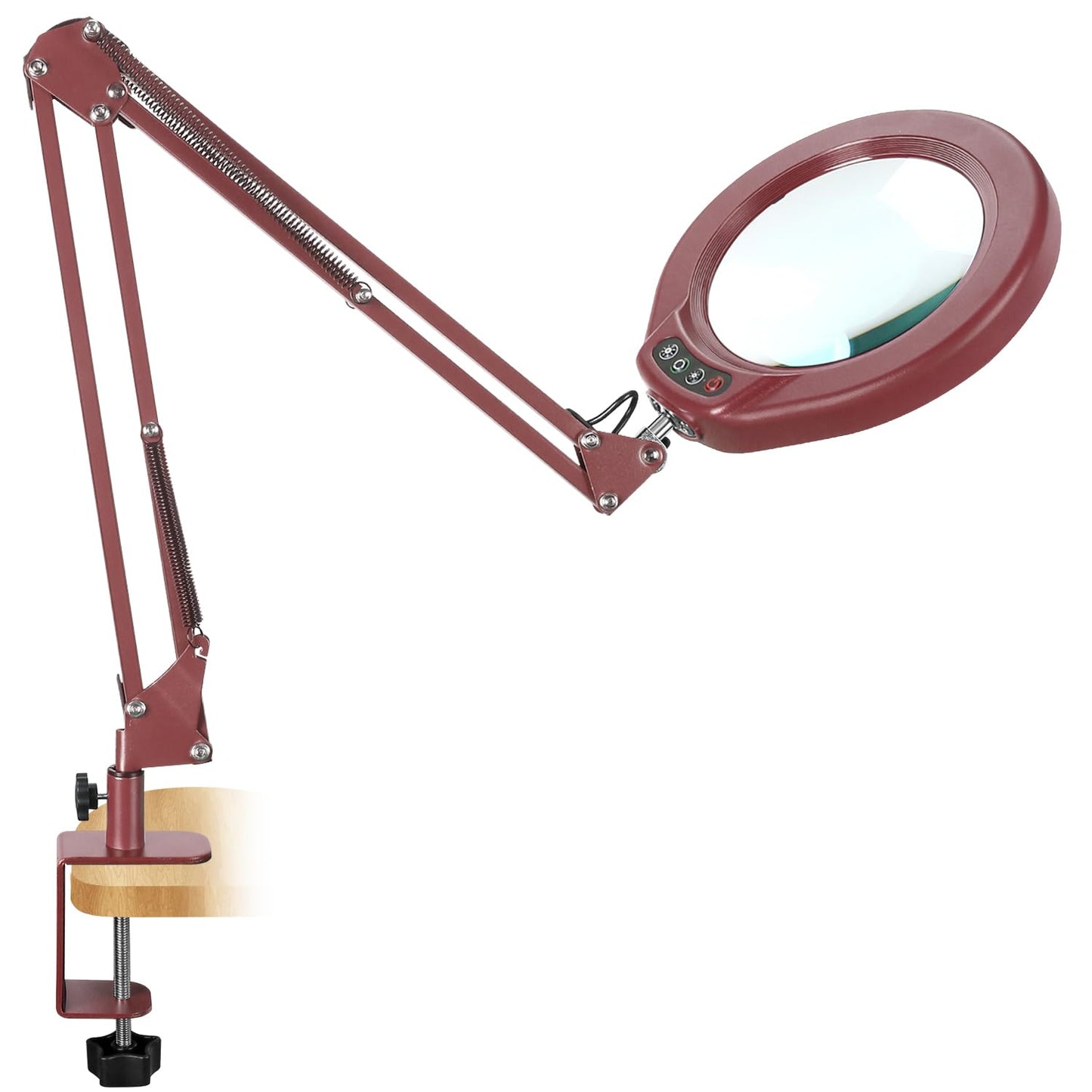 5 Inch Large Magnifying Glass with Light and Stand, 5 Color Modes Stepless Dimmable, Long Swivel Arm LED Clamp Desk Lamp, Hands Free 10X Lighted Magnifier for Close Work Craft Hobby Soldering - Red