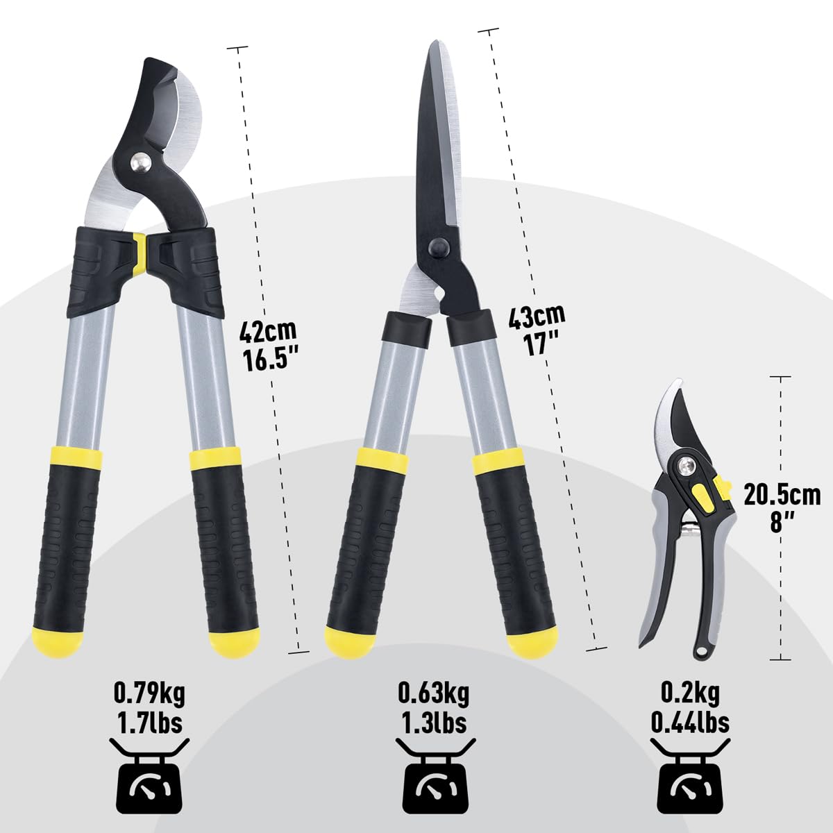 Colwelt Loppers Hedge Clippers Garden Shears 3Pcs, Compact Garden Loppers Shear Set with 17’’ Bypass Branch Cutters & Hedge Shears & Pruners, Tree Shrub Care Kit for Lopping with Soft Grip Handle
