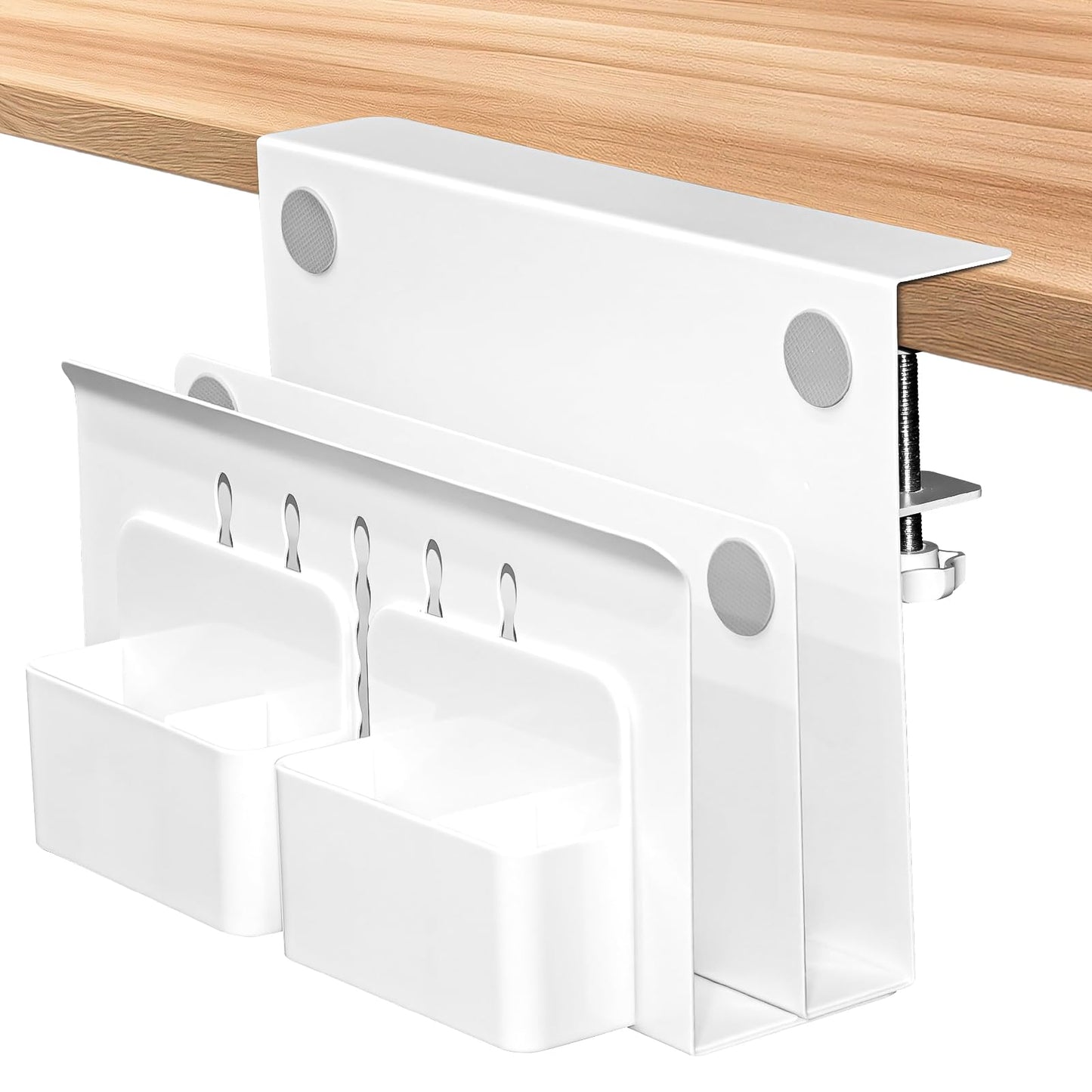 Desk Side Storage, Under Desk Laptop Mount, 2-Tier Table Side Hanging File Organizer, No Drill Clamp On Cable Management Tray, Laptop Holder with Magnetic Pen Holder for Office and Home, Load 22 Lbs