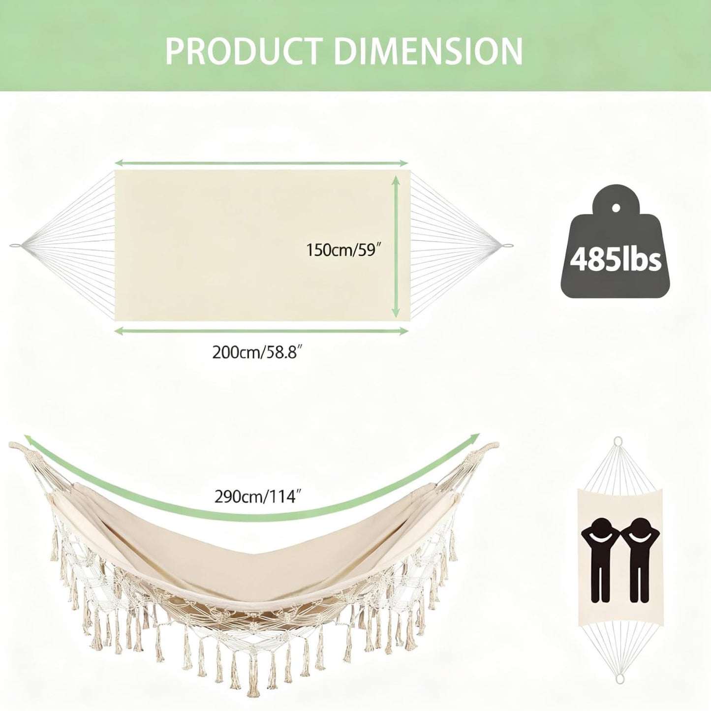 Goutime Double Sized Boho Macrame Black Hammock with Elegant Tassels and Fishtail Knitting 485Lbs Includes Tie Ropes and Black,Beige, Drawstring Bag (Beige)