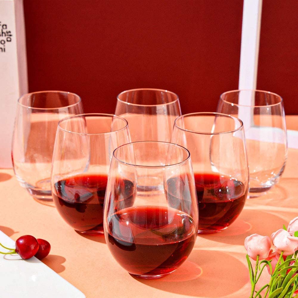 D.M DESIGN·MASTER [6 Pack,18 OZ] - Classic Stemless Wine Glasses, Lead-Free Drinking Glasses, Ideal for Red and White Wine, Cocktail, Juice, Water, Kitchen Glassware, Wedding and Party Gifts.