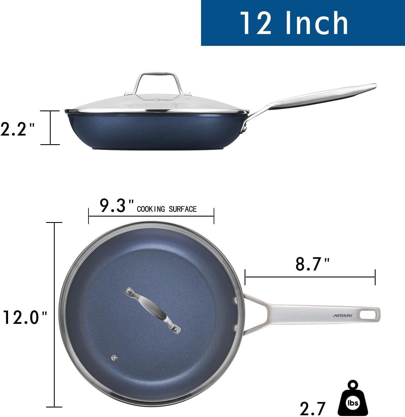 MsMk Non Stick Frying pan Set with lid Blue, 12-inch Durable Skillet, Titanium and Diamond Non Stick Non-Toxic Coating from USA, Even Heating, Easy Clean-Up, Comfort Handle, Induction Compatibility
