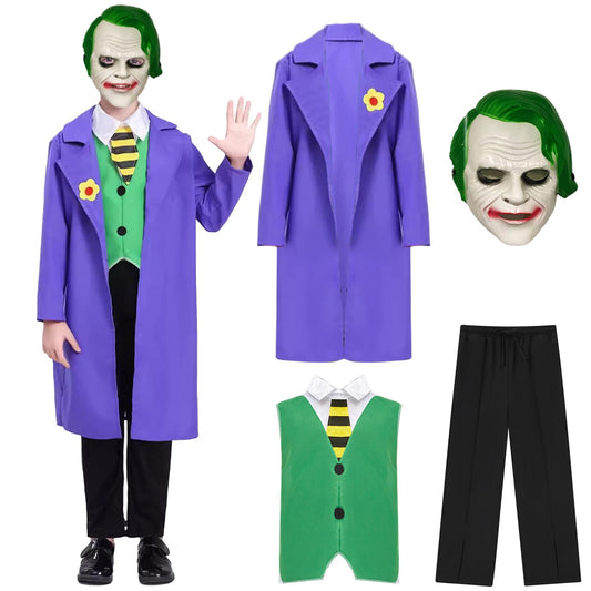 Puppyhao 4Pcs Killer Clown Costume Kids Boys Anime Knigh Costume Coat Clown Mask Vest Pants Funny Halloween Cosplay Outfiits