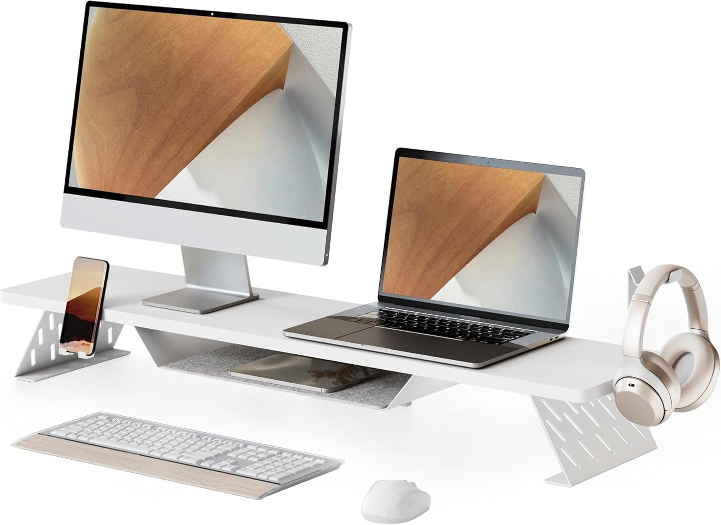 FENGE Monitor Stand Riser with Phone Holder and Headphone Mount 42.5 inch Large Computer Monitor Stands Wood+Steel Desktop Organizer, Metal Storage Shelf Max Load 66LBS White