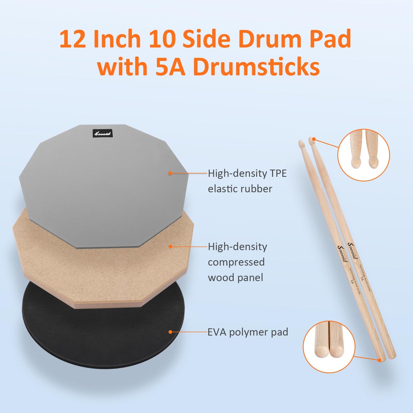 Sovvid 12 Inches Drum Pad and 5A Drum Sticks, Double Sided Snare Drum Practice Pad for Drummers, Silent Practice Drum Pad with Storage Bag - Gray