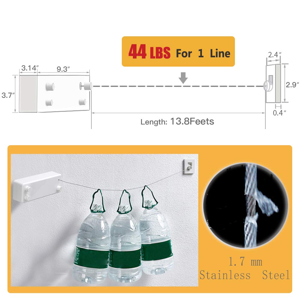 BESy Retractable Clothesline ABS case+Aluminum Dryer with Adjustable Stainless Steel Double Rope String Hotel Style Heavy Duty,Wall Mounted Method, 13.8 Feets,White