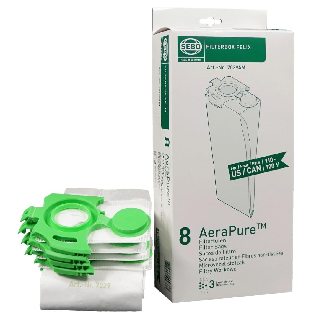 SEBO Official Felix-Series AeraPure Vacuum Bags, 8-Pack, Green Box