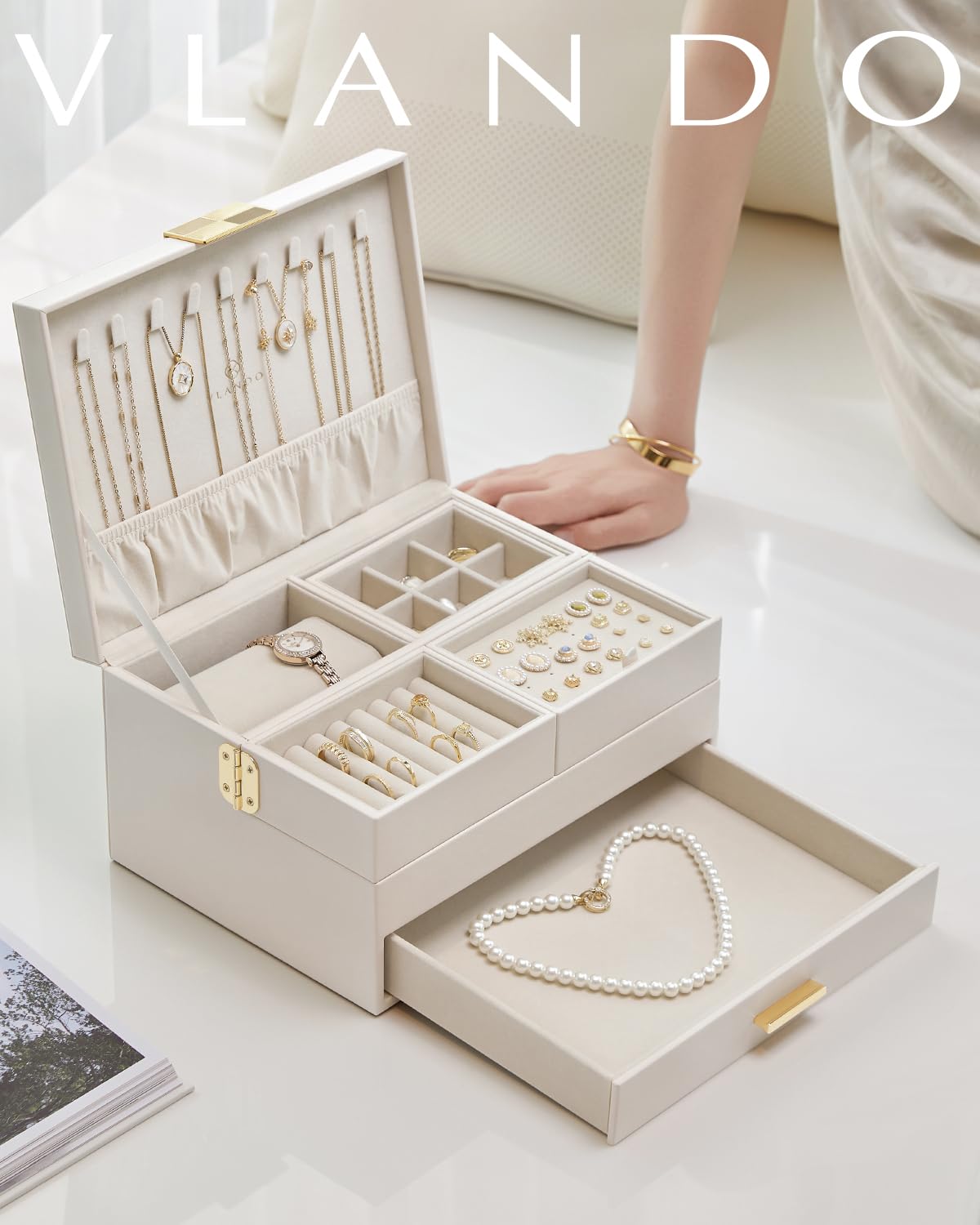 Vlando Jewelry Boxes for Women,3 Layers Jewelry box Organizer With Expandable and Removable Tray,Jewelry Organizer Box for Earring,Ring,Necklace,Bracelets,Beige