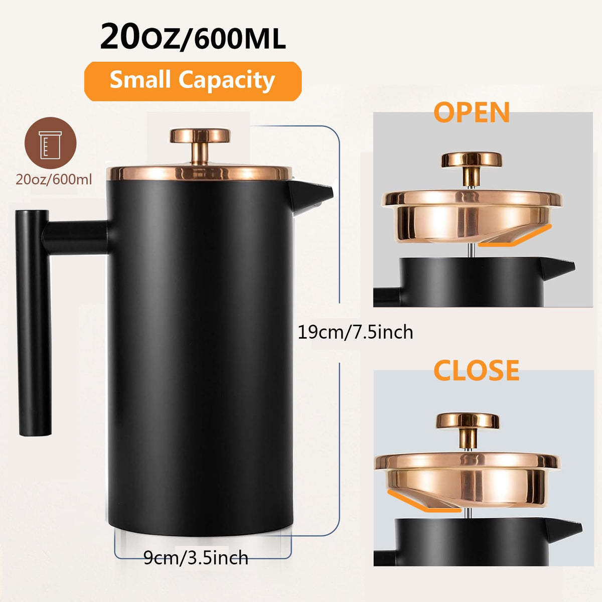 Meelio Small French Press Coffee Maker 600ml/20oz, Stainless Steel Double-Wall Insulated, 3 Level Filtration System with 2 Mesh Screens, 2-4 Cup Black for Home, Camping & Office