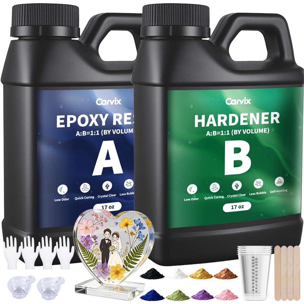 Carvix Epoxy Resin Kit 34OZ Crystal Clear Bubble Free High Gloss Resin and Hardener for Casting Coating Jewelry Wood and Art Projects Beginner Friendly