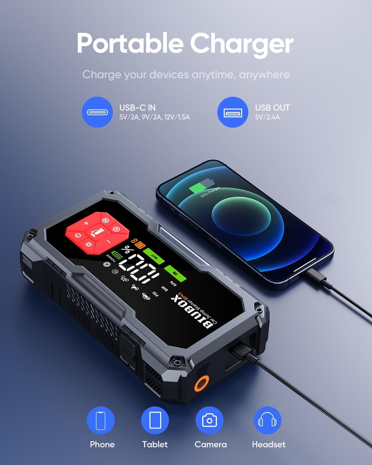 Car Battery Booster Pack Jump Starter with Air Compressor, BiuBox 7000A 150PSI Car Booster Battery Pack (All Gas/9L Diesel), 12V Portable Car Jump Starter with LED Display, 10 Protections, 500lm Light