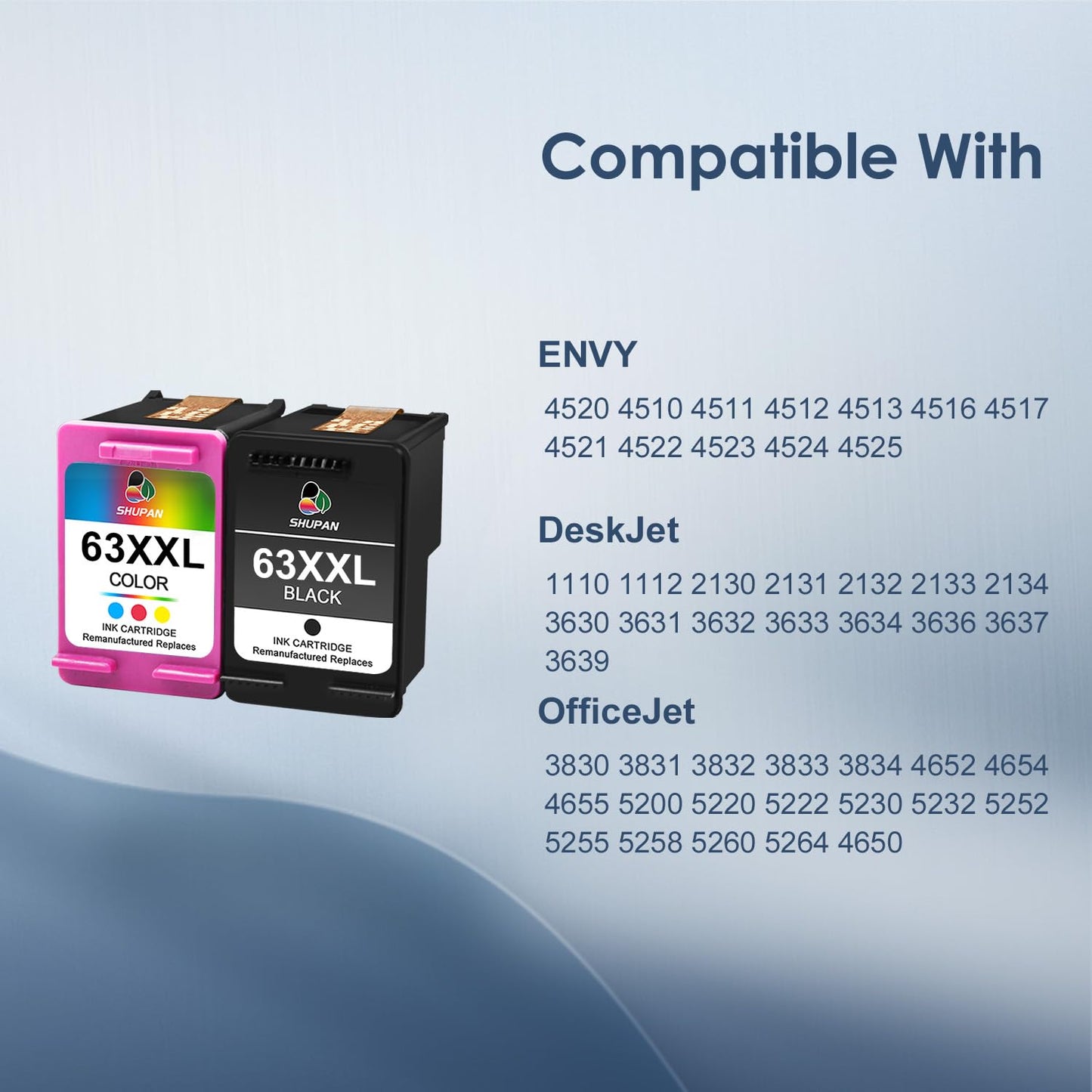 XXL 63 Ink Cartridge Combo Pack Remanufactured for HP 63XXL 63XL Ink Work for Officejet 3830 4650 5255 5258 5200 4652 4655 Envy 4520 4512 DeskJet 2130 2132 Printer (1 Black，1 Tri-Color)